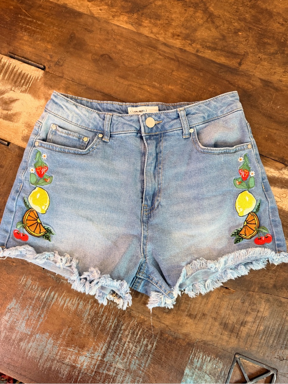 Embroidered Light Blue Denim Fruit Patch Shorts